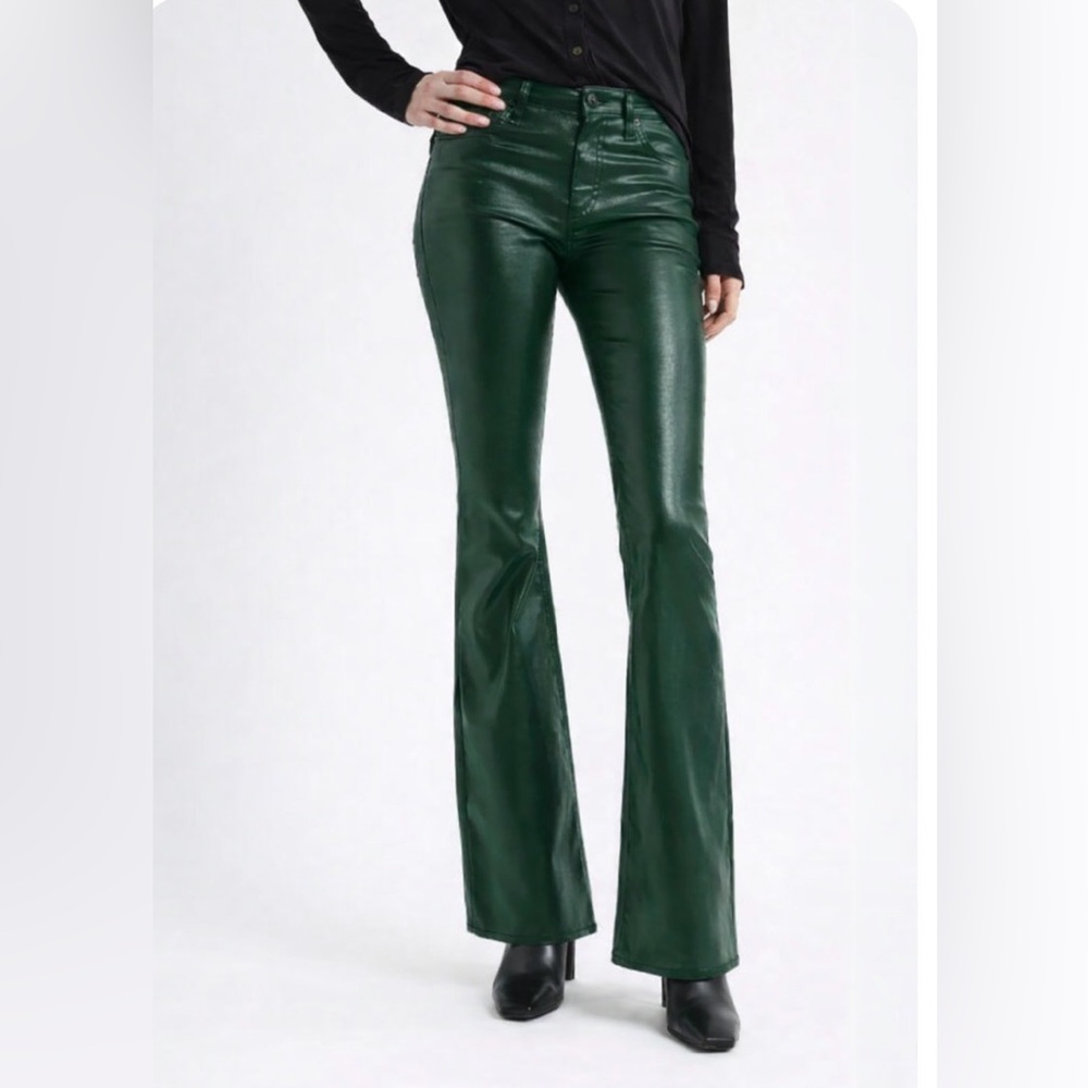 High-Waist Green Faux-Leather Flare Jeans